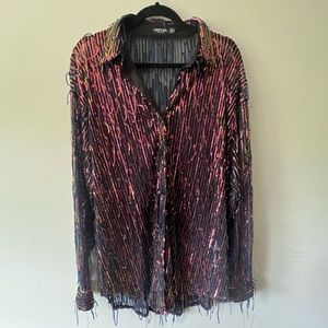 Nasty Gal Sheer Fringe Sequin Button Down Shirt